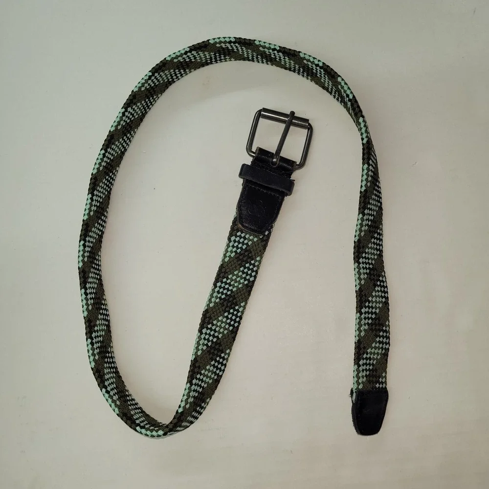 & Woven Stretch Belt Mens Medium Green Black Argyle Geometric‎ Braided Elastic